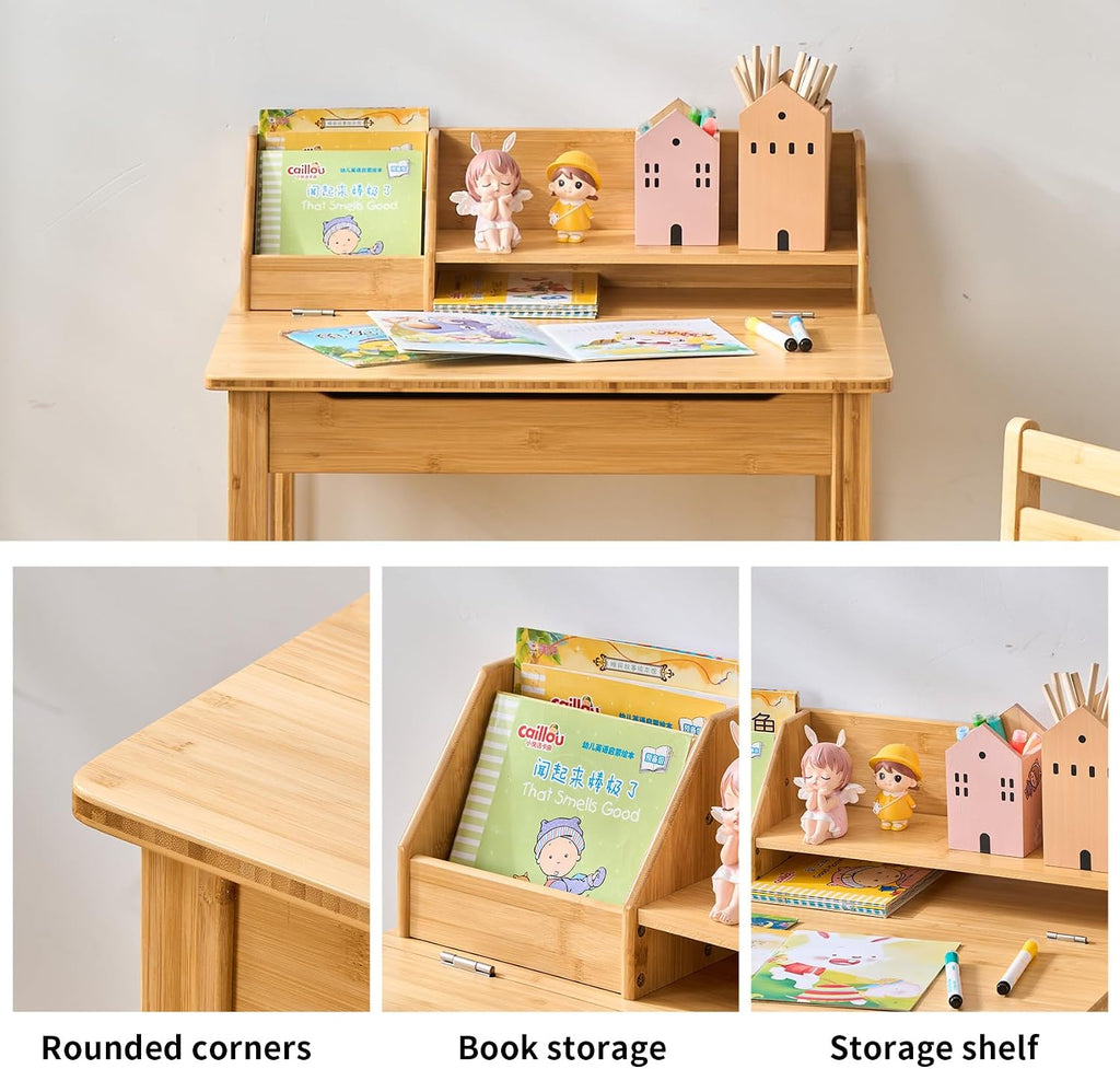 UNICOO Bamboo Toddler Desk and Chair Set with Lift-Top Storage, Kids Study Table with Hutch and Bookshelf, Writing Reading Art Desk for Boys and Girls Ages 3-8