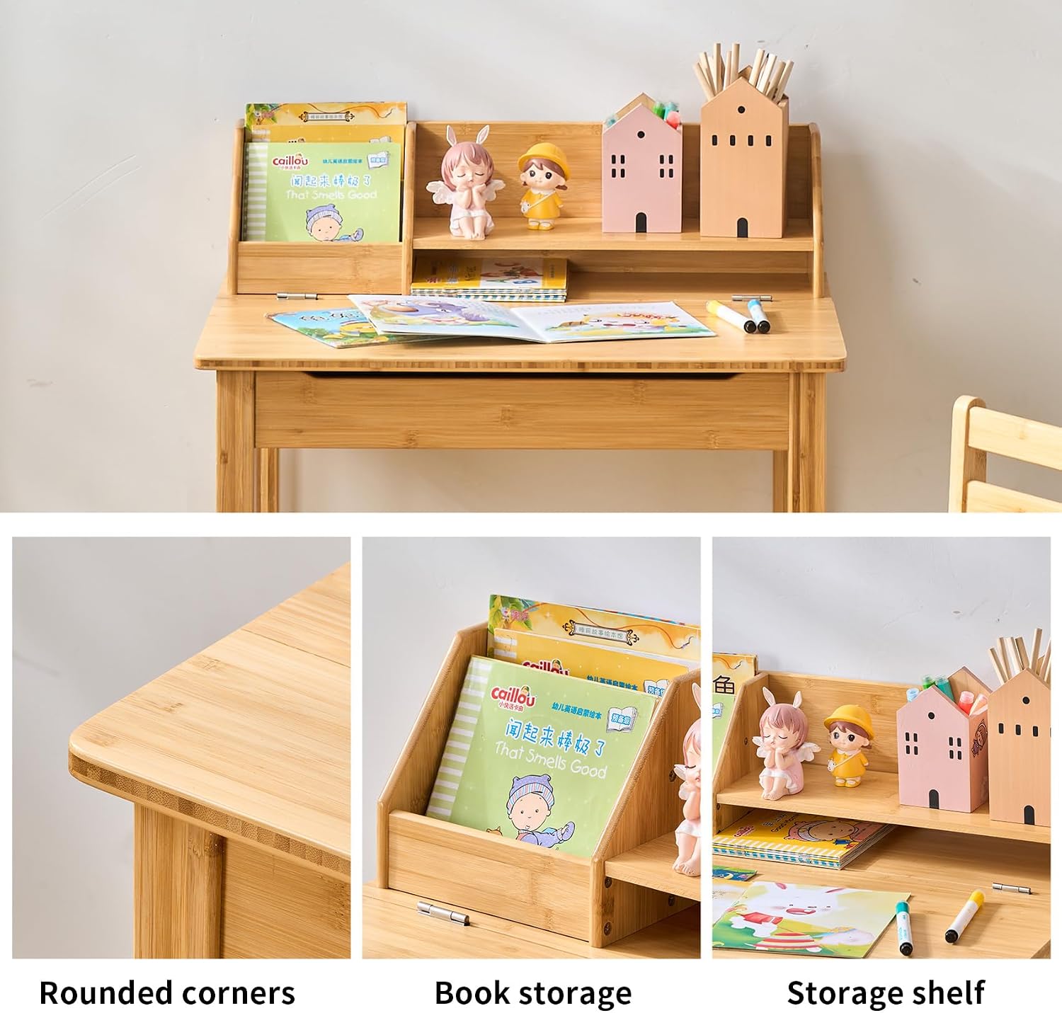 UNICOO Bamboo Toddler Desk and Chair Set with Lift-Top Storage, Kids Study Table with Hutch and Bookshelf, Writing Reading Art Desk for Boys and Girls Ages 3-8