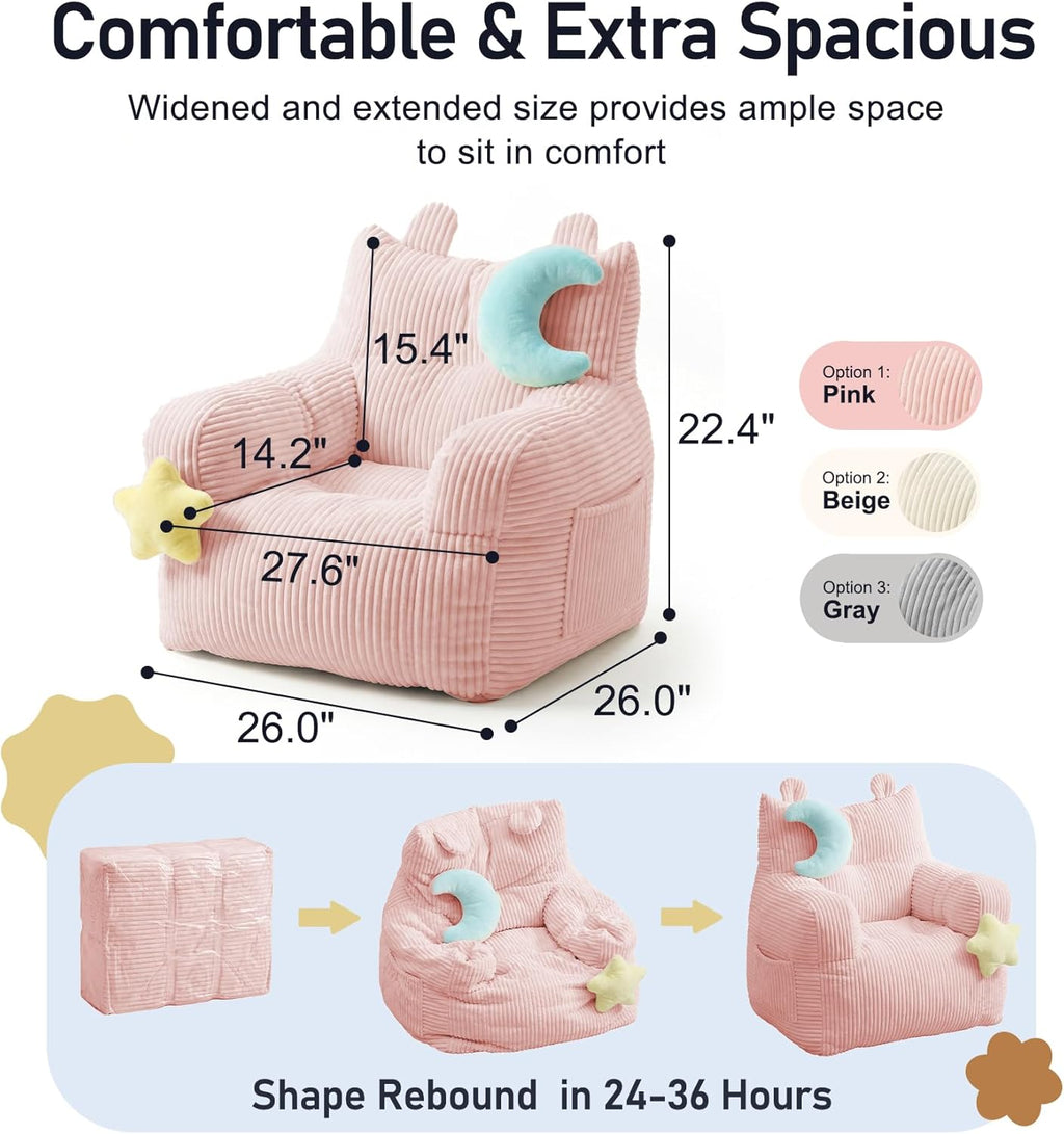 little dove Bean Bag Chairs for Kids, Comfy Bean Bag Chair with 2 Plush Toys, Toddler Chair with Pocket, Stuffed Lazy Sofa with Filler for Boys and Girls, Kids Chairs for Gaming, Reading, Pink