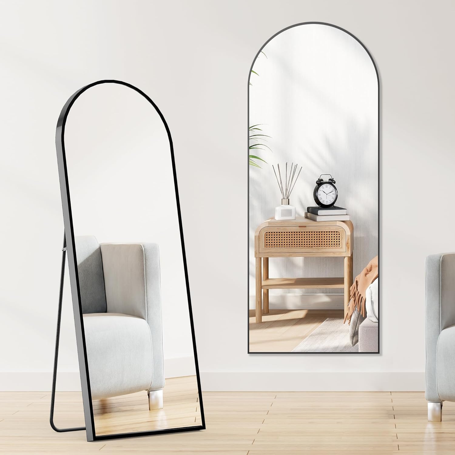 OLIXIS 64"x 21.5" Arched Mirror Full Length, Full Body Mirror with Stand, Hanging or Leaning for Wall, Floor Standing with Shatter-Proof Glass for Bedroom, Living Room, Long, Black