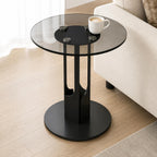 Round Tempered Glass Side Table, Black Metal End Table with Gray Glass Top, Modern Accent Table for Living Room, Bedroom, Sofa Side, Small Spaces