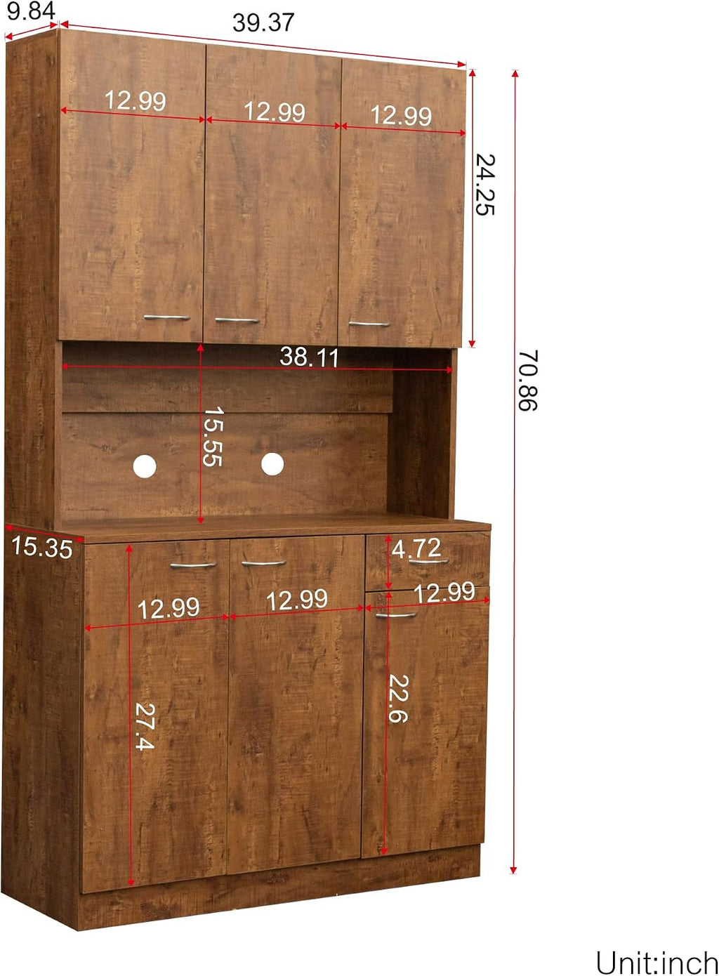 LUMISOL Pantry Sideboard, Solid Wood Kitchen Pantry Storage Cabinet, 70.87” Tall Sideboard with 6 Doors, 1 Open Shelves and 1 Drawers for Living Room, Kitchen, Dining Room, Brown