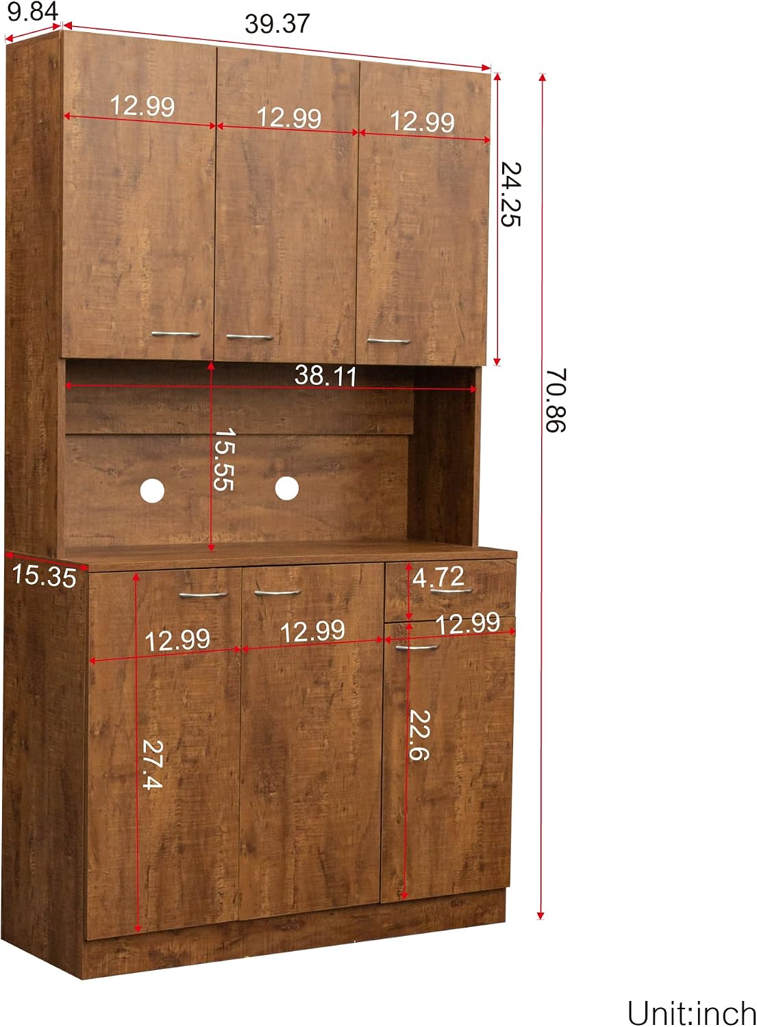 LUMISOL Pantry Sideboard, Solid Wood Kitchen Pantry Storage Cabinet, 70.87” Tall Sideboard with 6 Doors, 1 Open Shelves and 1 Drawers for Living Room, Kitchen, Dining Room, Brown