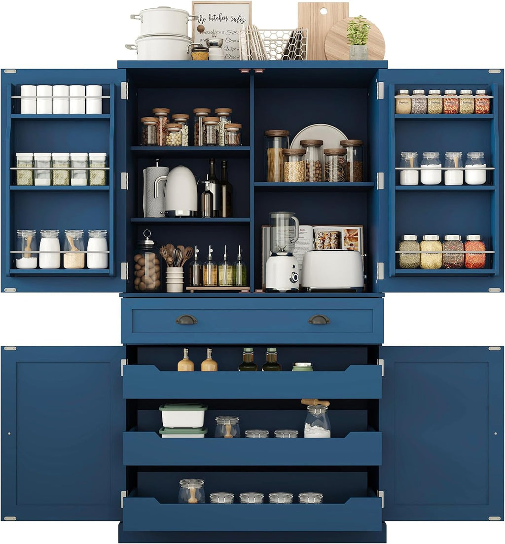 4 Doors Tall Pantry Cabinet with Adjustable Shelves and Drawer, Freestanding Cupboard with 6 Door Shelves and 3 Pull-Out Trays for Kitchen, Dining Room (Blue)
