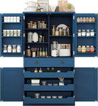 4 Doors Tall Pantry Cabinet with Adjustable Shelves and Drawer, Freestanding Cupboard with 6 Door Shelves and 3 Pull-Out Trays for Kitchen, Dining Room (Blue)