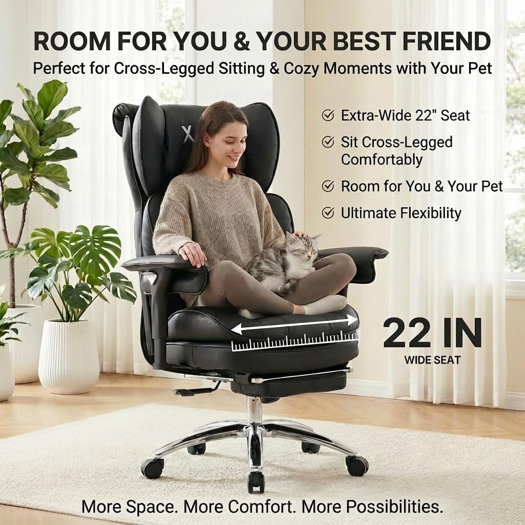Big and Tall Office Chair, 400lbs Heavy Duty Wide Seat Executive Chair with Footrest, High Back Leather Computer Desk Chair for Home Office (Black)