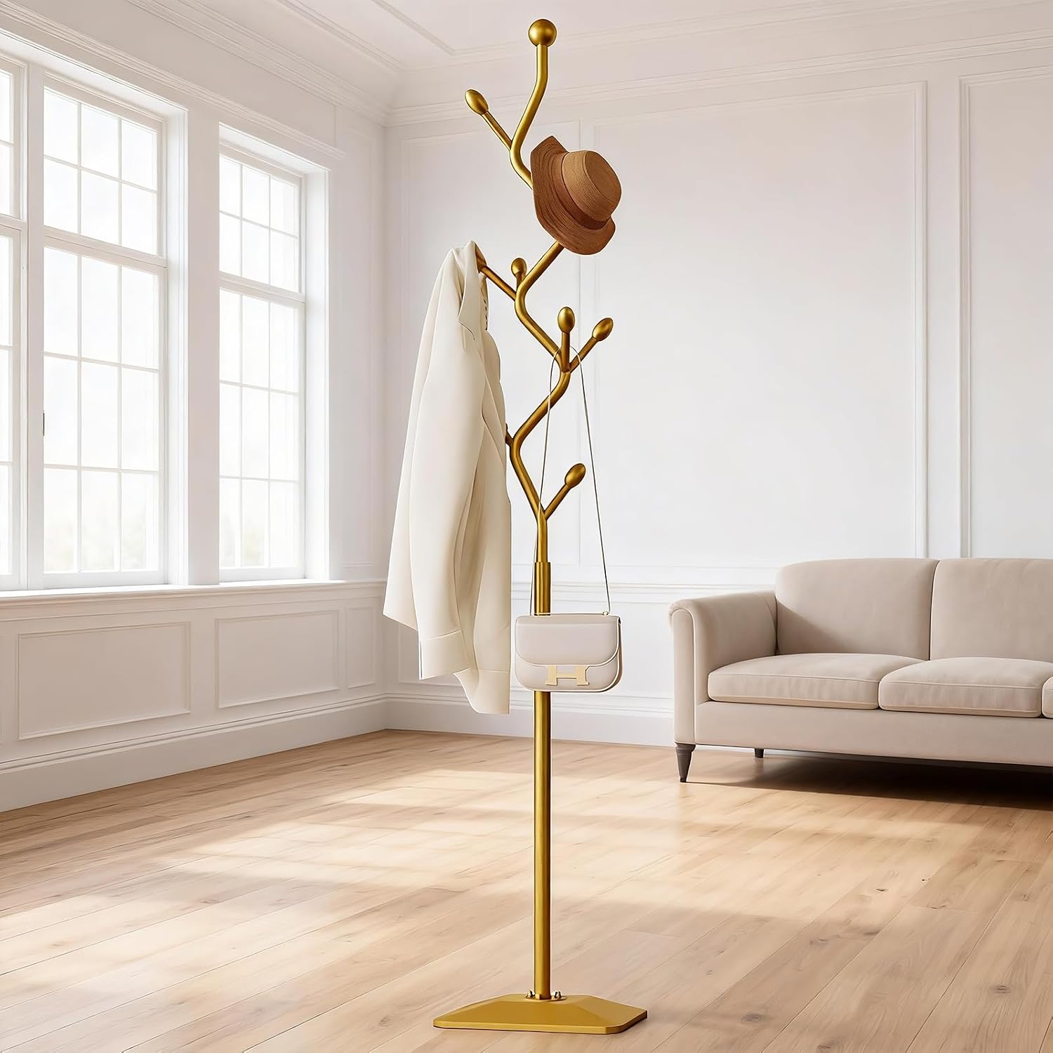 Gold coat rack,Coat Tree Freestanding heavy duty with 8 Hooks and Sturdy Metal Base for Coat Hats Purses,Tree-shaped Coat Stand for Entryway,Bedroom