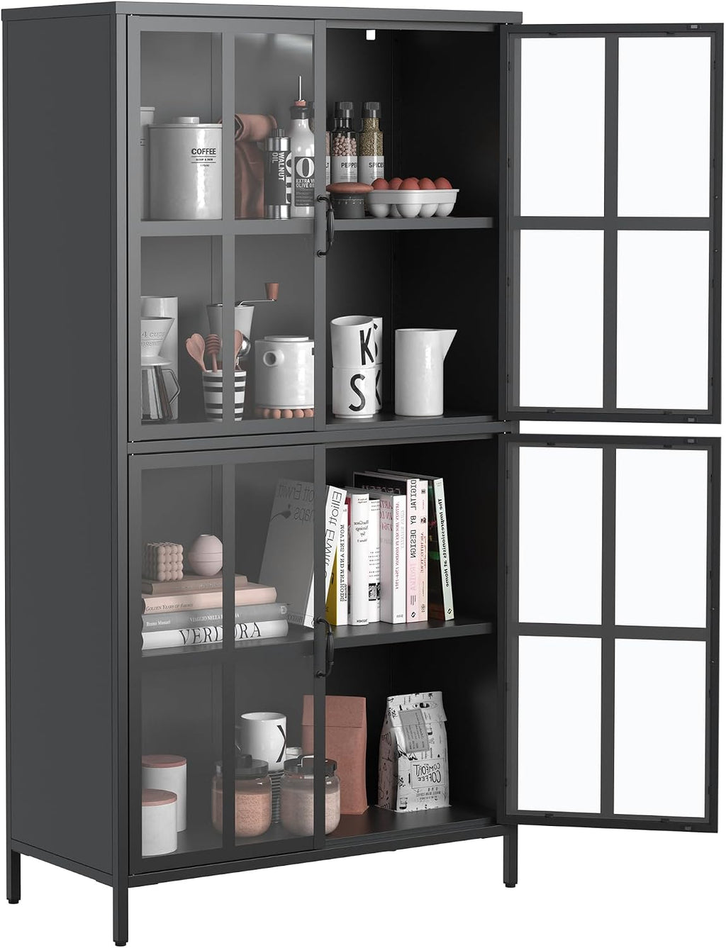 Metal Sideboard Buffet Cabinet with Storage, H63 Tall Kitchen Cabinet with 4 Tempered Doors and Shelf, Steel Coffee Bar Storage Cabinet for Kitchen Dining Living Room