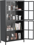 Metal Sideboard Buffet Cabinet with Storage, H63 Tall Kitchen Cabinet with 4 Tempered Doors and Shelf, Steel Coffee Bar Storage Cabinet for Kitchen Dining Living Room