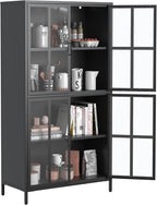 Metal Sideboard Buffet Cabinet with Storage, H63 Tall Kitchen Cabinet with 4 Tempered Doors and Shelf, Steel Coffee Bar Storage Cabinet for Kitchen Dining Living Room