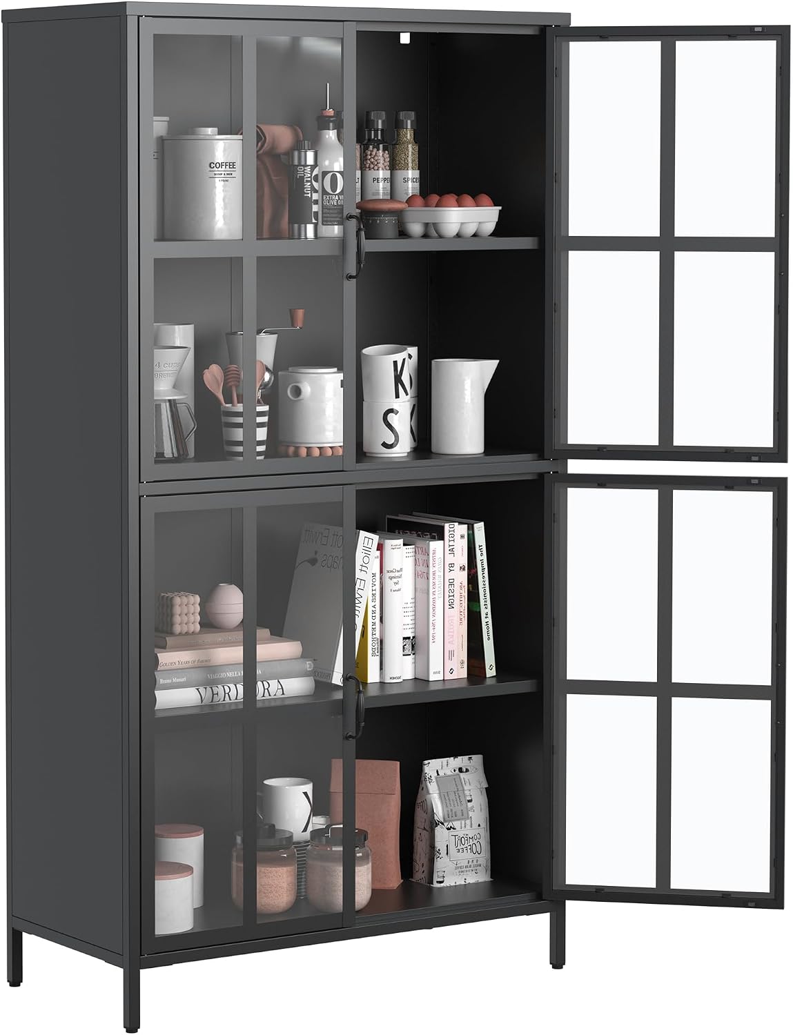 Metal Sideboard Buffet Cabinet with Storage, H63 Tall Kitchen Cabinet with 4 Tempered Doors and Shelf, Steel Coffee Bar Storage Cabinet for Kitchen Dining Living Room