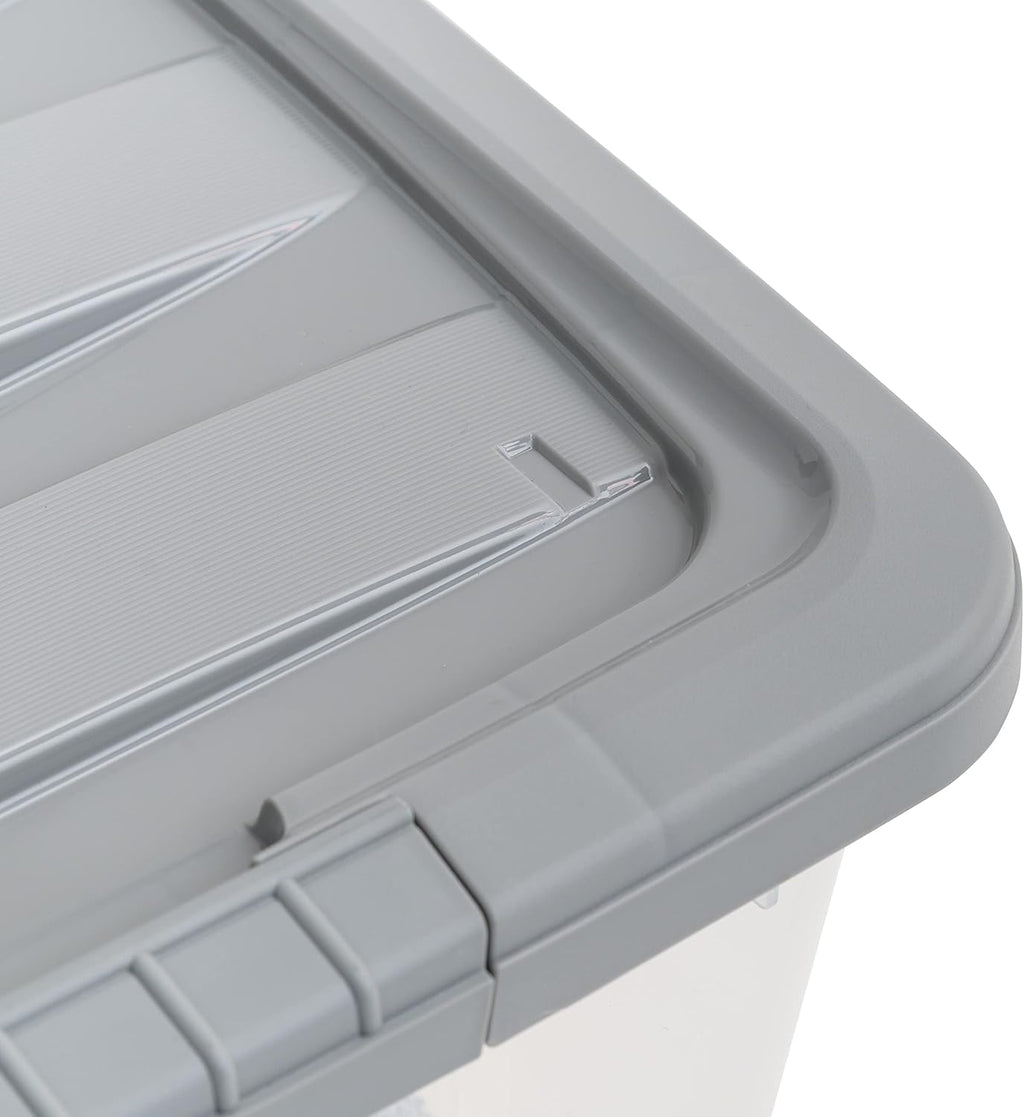 Amazon Basics Plastic Storage Containers with Secure Latching Lids, Stackable Organization Bins, Clear/Grey, 32 Quart, Set of 6