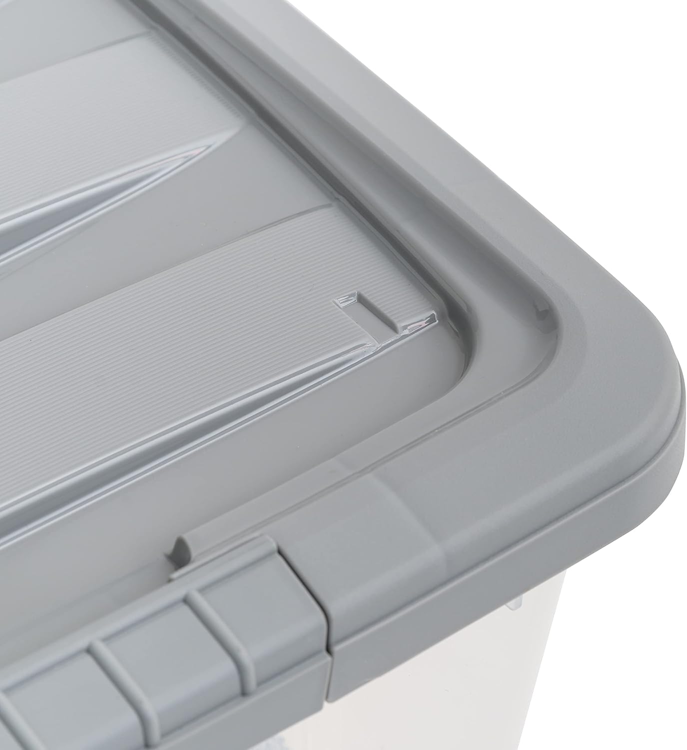 Amazon Basics Plastic Storage Containers with Secure Latching Lids, Stackable Organization Bins, Clear/Grey, 32 Quart, Set of 6
