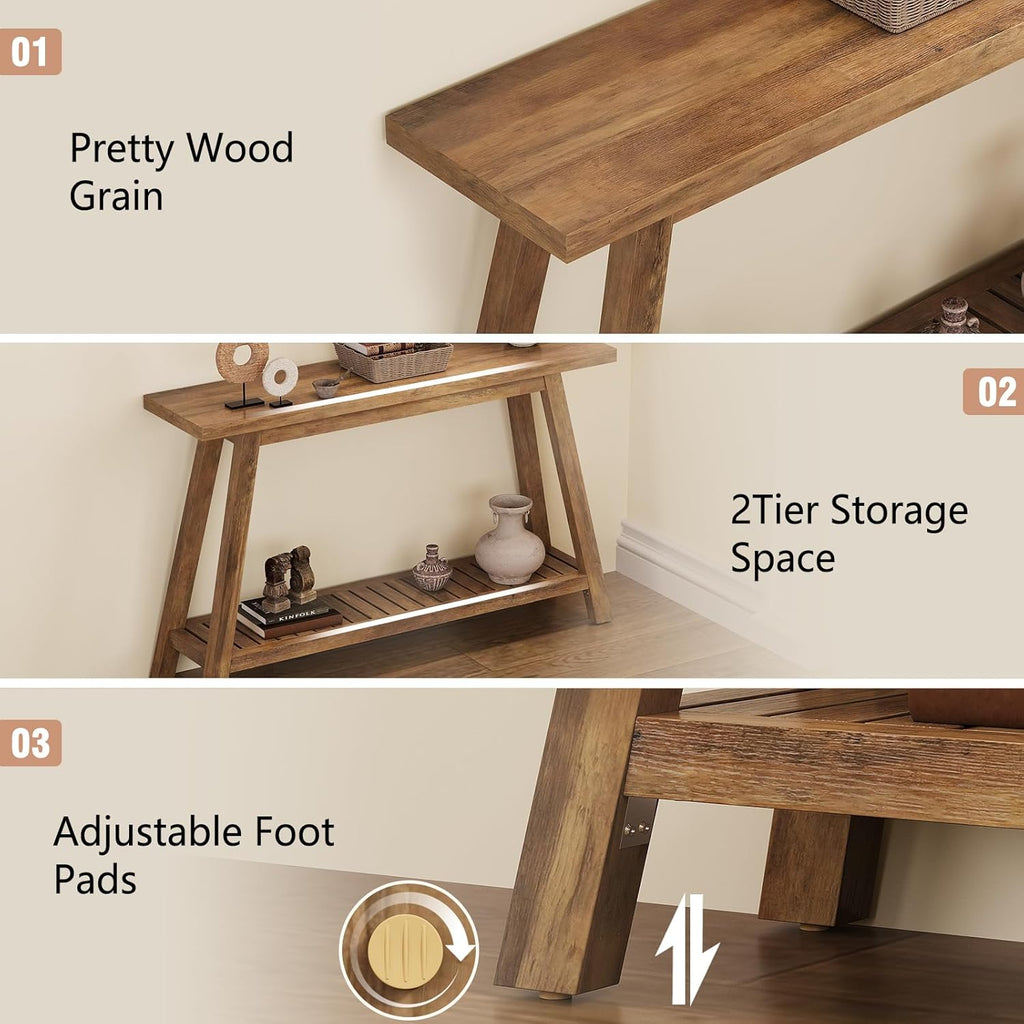 47.2" Farmhouse Entryway Table, 2-Tier Modern Wooden Console Sofa Table with Open Storage, Long Narrow Accent Table for Entrance, Foyer, Hallway, Living Room & Behind Couch (Brown)