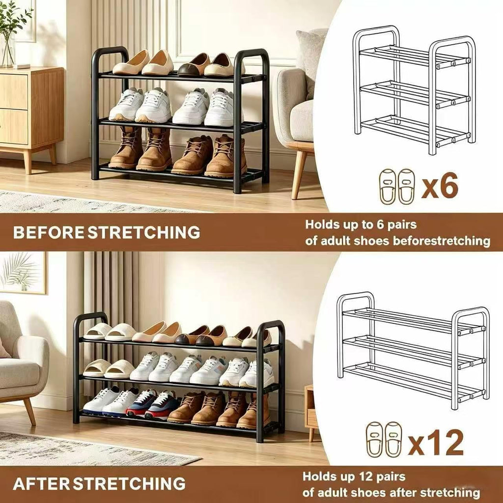 3-Tier Expandable Shoe Rack, 17"-41" Adjustable Shoe Shelf Storage Organizer, Heavy Duty Metal Free Standing Shoe Rack for Entryway Closet Doorway, Suitable for Families & Renters