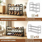 3-Tier Expandable Shoe Rack, 17"-41" Adjustable Shoe Shelf Storage Organizer, Heavy Duty Metal Free Standing Shoe Rack for Entryway Closet Doorway, Suitable for Families & Renters