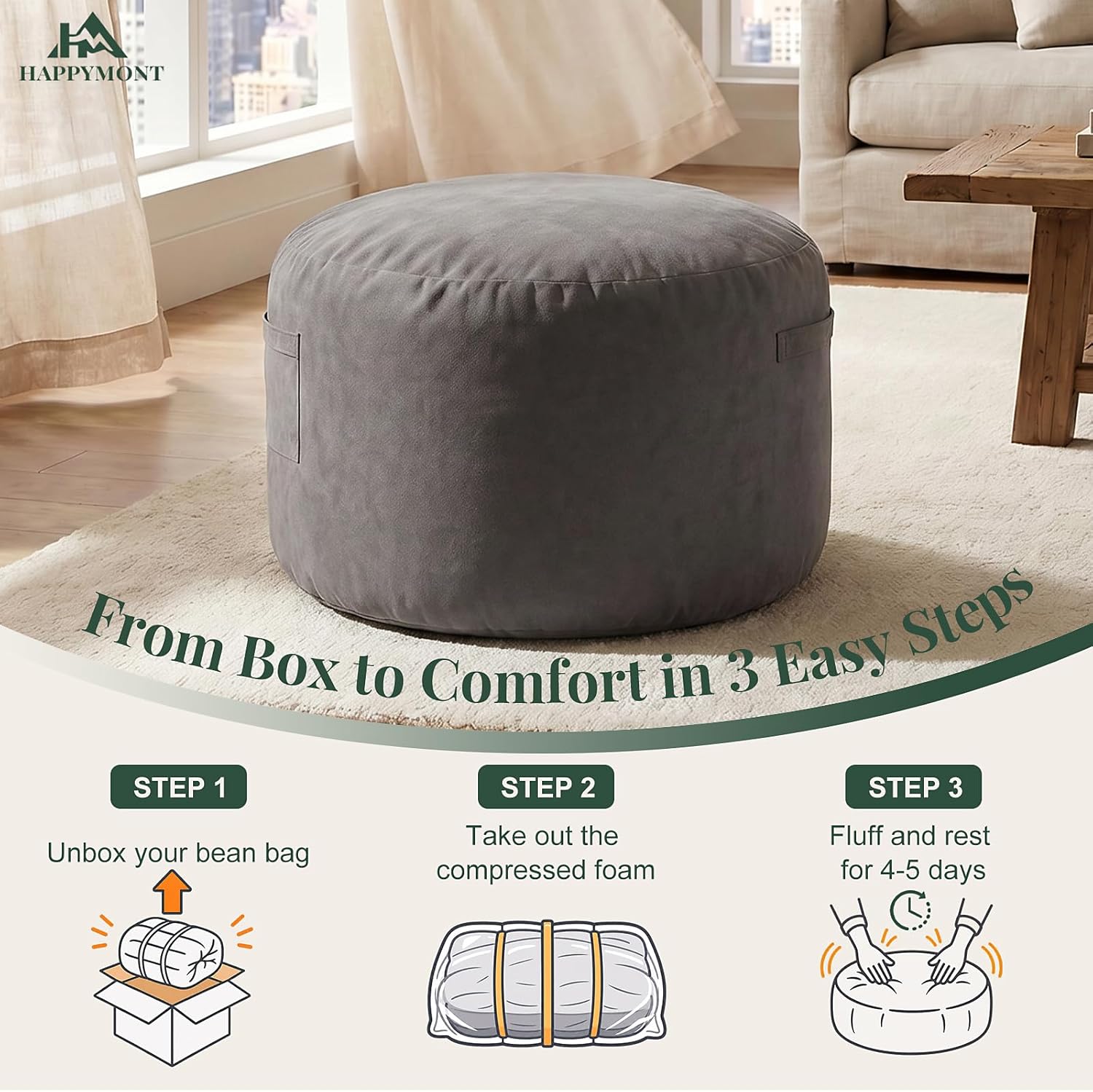 Bean Bag Chair, Bean Bags for Adults and Kids, Chair with Memory Foam Filled, Bean Bag Couch with Backrest and Armrests, Comfy Sofa for Living Room, Bedroom and Dorm, Dark Grey 36"
