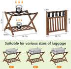 Smart FENDEE 26.77“ Fully Assembled Dark Walnut Luggage Racks with Folable Storage Shelf, 5 Heavy-Duty Straps Bamboo Suitcase Stand, Luggage Holders for Guest Room, Bedroom, Hotel