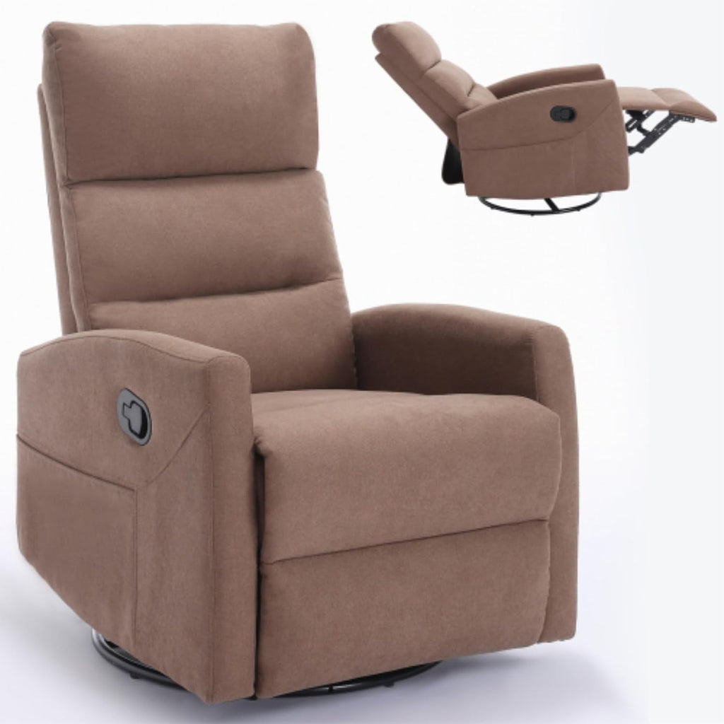 Manual Swivel Rocking Recliner Chair, Fabric Upholstered Glider Seat with 155 Degree Backrest Adjustment, Side Pull Handle, Foam Cushioned Support, Pocket Storage, Living Room Nursery (Brown)
