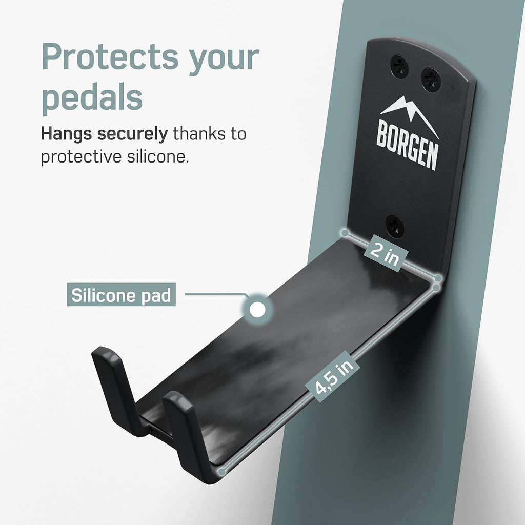 Borgen Bike Wall Mount Pedal Hook for E-Bikes, MTB & Road - Bicycle Wall Mount with Support Brackets and Wall Protection Pads, Suitable as Bike Rack Garage Bike Storage Shed and Bicycle Storage Indoor
