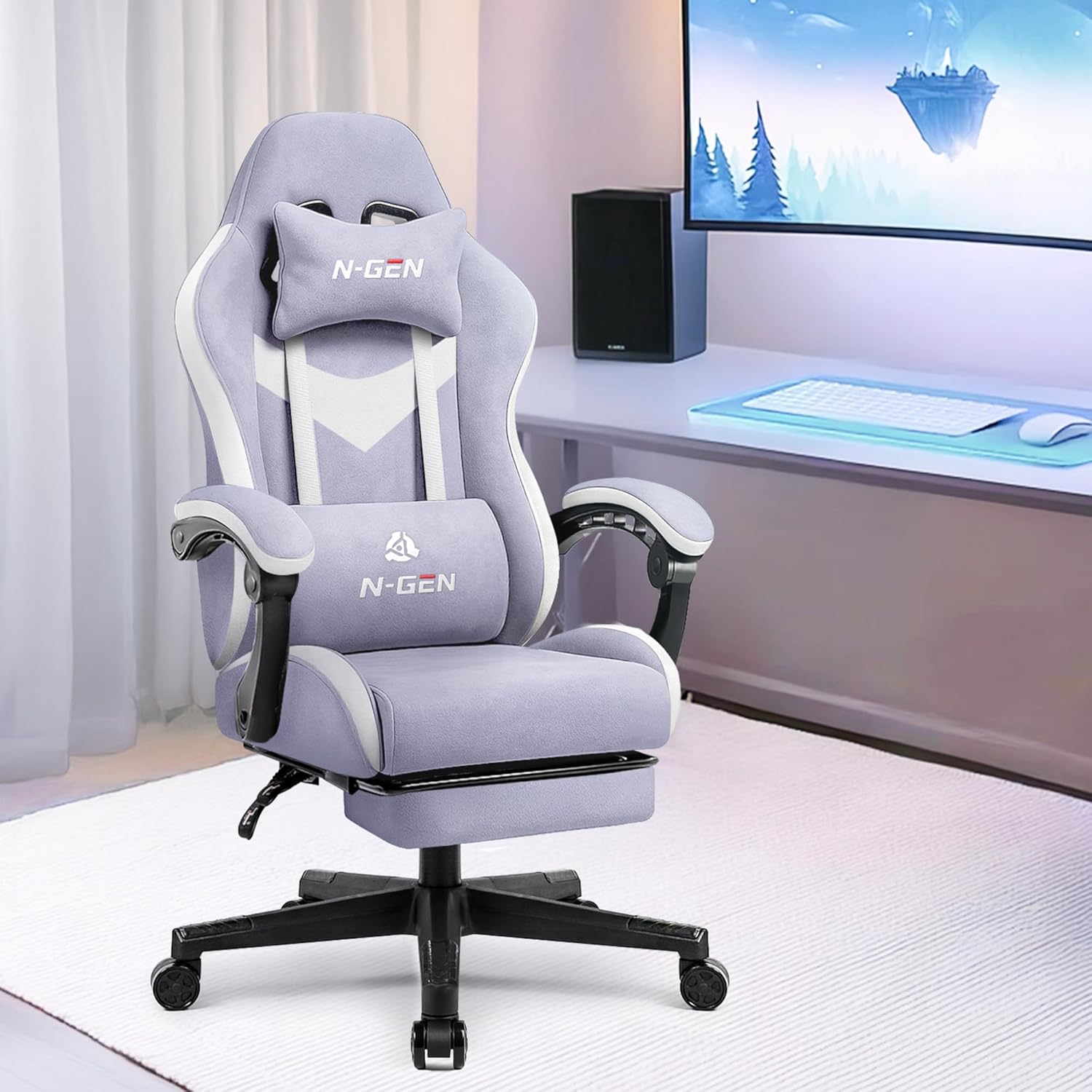 N-GEN GAMING Gaming Chair Video Game Computer Office Desk Use Ergonomic Reclining Backrest Adjustable Armrests Lumbar Support Footrest High Density Foam Breathable Fabric Heavy Duty Base (Purple)
