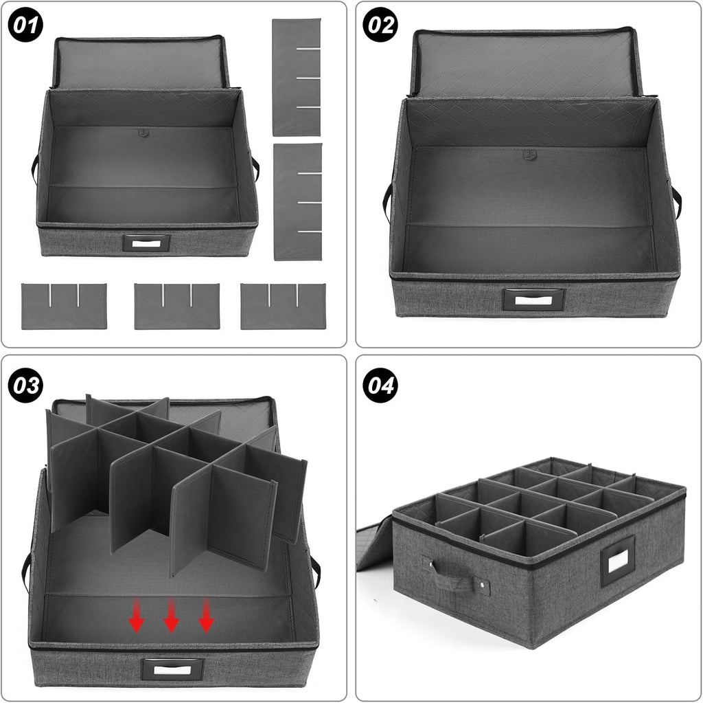 Mug Storage Box with Dividers, China Cup Storage Containers For Tea Cups | Coffee Mugs Storage Box with Zipper Lid and Rivet Reinforced Handles, Hard Shell and Stackable (Black)