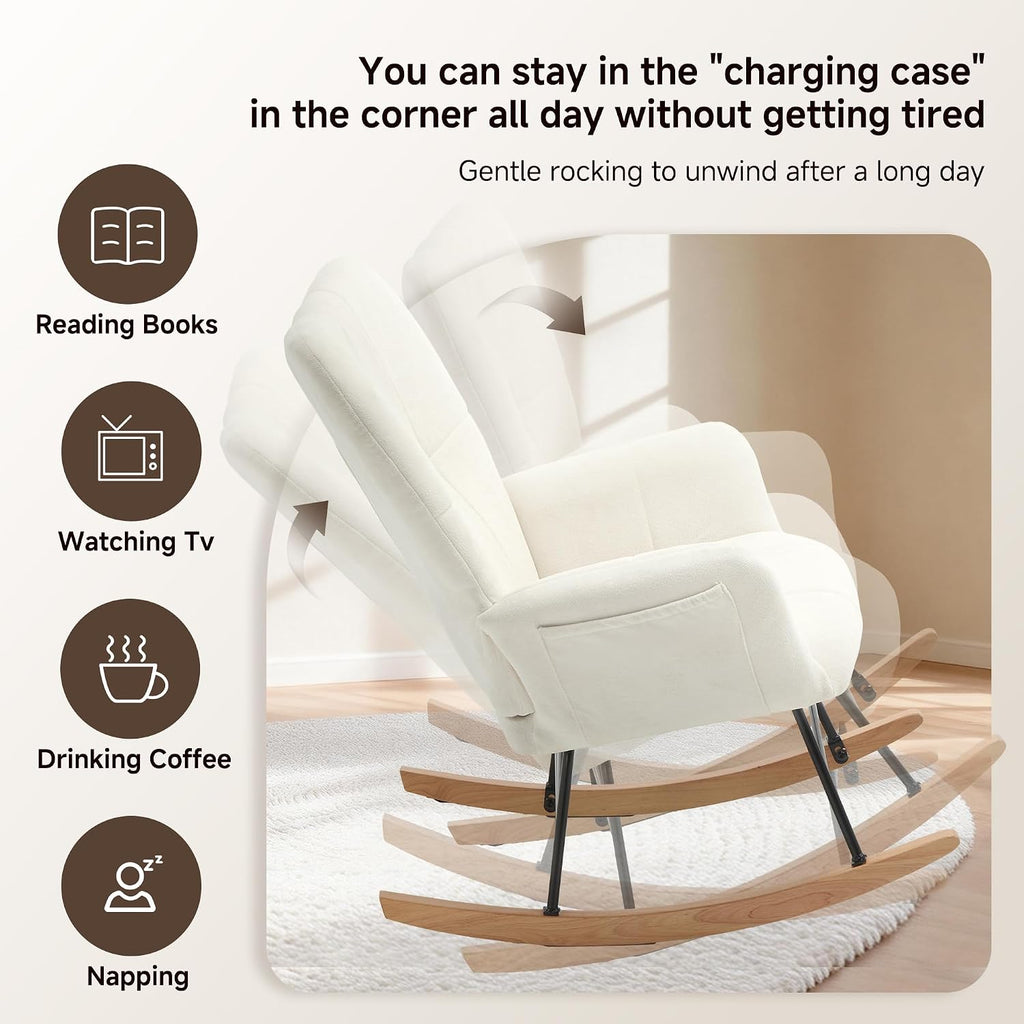 KEEZY Rocking Chair Nursery with Footrest,Upholstered Glider Rocker,Rocking Accent Chair with Padded Seat with High Backrest,Reading Chair,Armchair Comfy Side Chair for Living Room Bedroom (Beige)