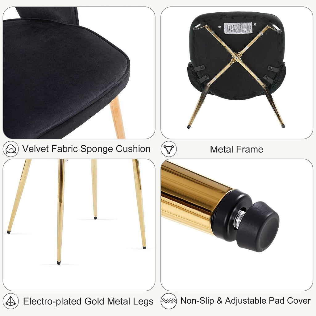 Velvet Black Dining Chairs Set of 4 Modern Accent Chairs Upholstered Dining Room Chairs with Gold Metal Legs Thick Cushions Armless Back Chair for Kitchen Living Room Vanity