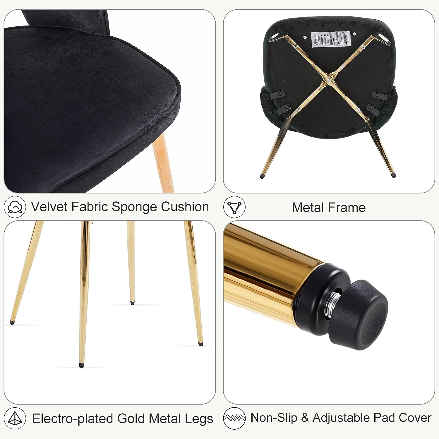 Velvet Black Dining Chairs Set of 4 Modern Accent Chairs Upholstered Dining Room Chairs with Gold Metal Legs Thick Cushions Armless Back Chair for Kitchen Living Room Vanity