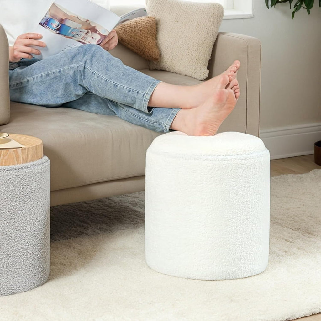 Round Ottoman with Storage, Teddy Upholstered Foot Rest Vanity Stool with Tray, Multifunctional Coffee Table for Living Room Bedroom
