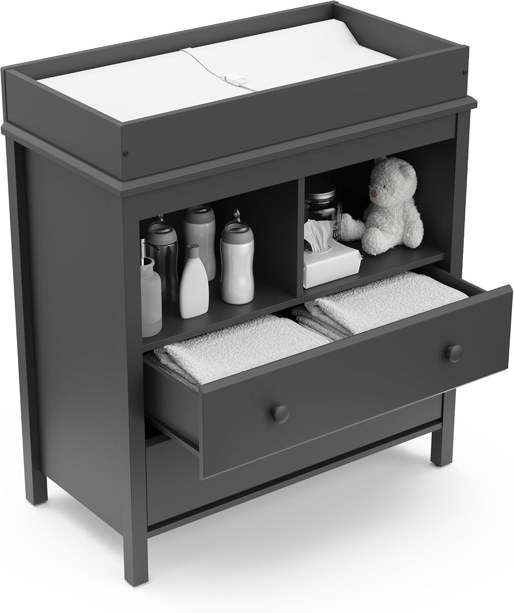 Storkcraft Alpine 2 Drawer Changing Table Chest, Gray | GREENGUARD Gold Certified, Dresser for Nursery, Changing Table with Drawers, Removable Changing Table Topper
