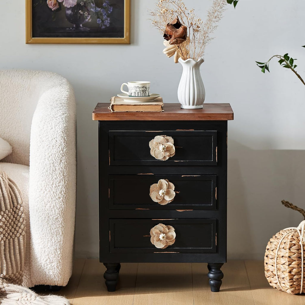 American Country Retro Style Side Table Cabinet, Classic Solid Wood Bedroom Bedside Table, Equipped with Three Drawers, Handcrafted Floral Handles (Antique Black+Walnut)