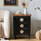 American Country Retro Style Side Table Cabinet, Classic Solid Wood Bedroom Bedside Table, Equipped with Three Drawers, Handcrafted Floral Handles (Antique Black+Walnut)