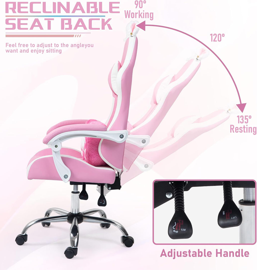Pink Gaming Chair with Cat Paw Lumbar Cushion and Cat Ears, Reclining PC Game Computer Chairs, Ergonomic Gamer Chair for Kids, Girls, Teens