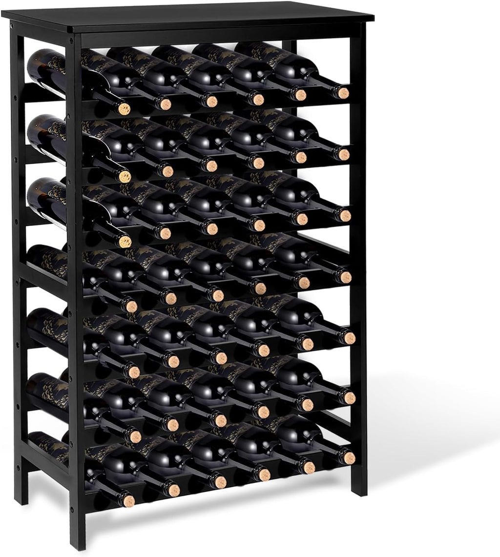 Bamboo Wine Rack Freestanding Floor, 7-Tier 42-Bottle Wine Storage Shelf with Table Top - Black