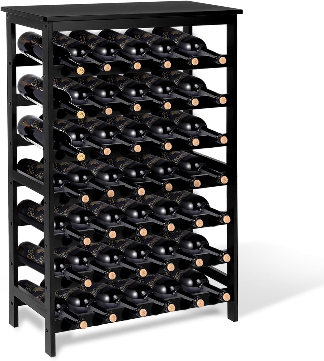 Bamboo Wine Rack Freestanding Floor, 7-Tier 42-Bottle Wine Storage Shelf with Table Top - Black