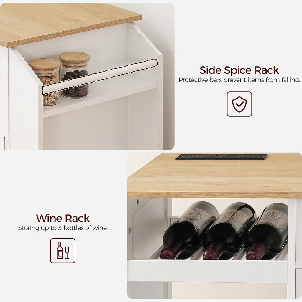 MAHANCRIS Kitchen Island with Power Outlet, Kitchen Storage Island with Drawer, Rolling Kitchen Cart on Wheels, Spice Rack, Towel Rack, Wine Rack, for Dining Room, White and Natural KINW122E01N1