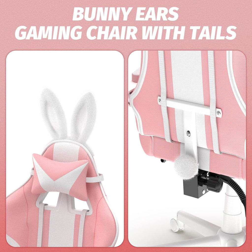 Ferghana Kawaii Bunny Ears Gaming Chair, Cute Gamer Chair with Footrest and Massage, Leather Ergonomic Computer Game Chair for Girls Adults Teens Kids Pink