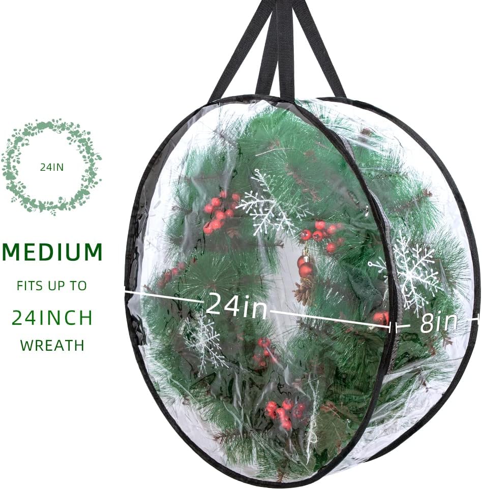 2-Pack Christmas Wreath Storage Container 24'', Clear Wreath Storage Bags with Dual Zippers for Xmas Seasonal Thanksgiving Holiday Artificial Wreath Storage