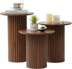 Bifins Round Nesting Coffee Table Set of 3,Mid Century Modern Fluted Coffee and End Table Set,Small Circle Wooden Side Table Drink Table for Living Room (Walnut)
