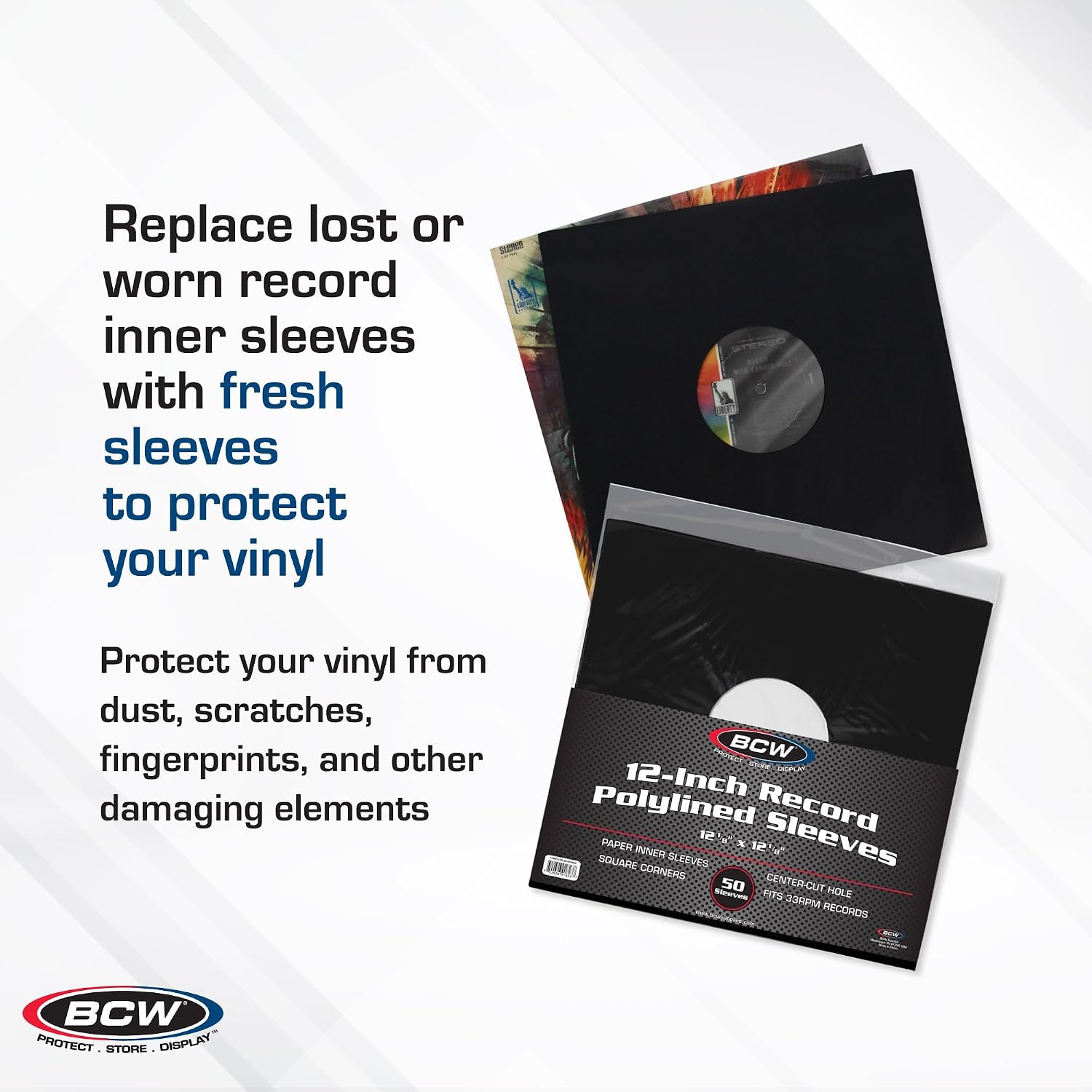 BCW 12-Inch Vinyl LP Record Sleeves - 50 Pack | Black Polylined Inner Protective Sleeves with Center Hole for Vinyl Records | Acid-Free, Scratch Resistant | Ideal for DJs and Collectors