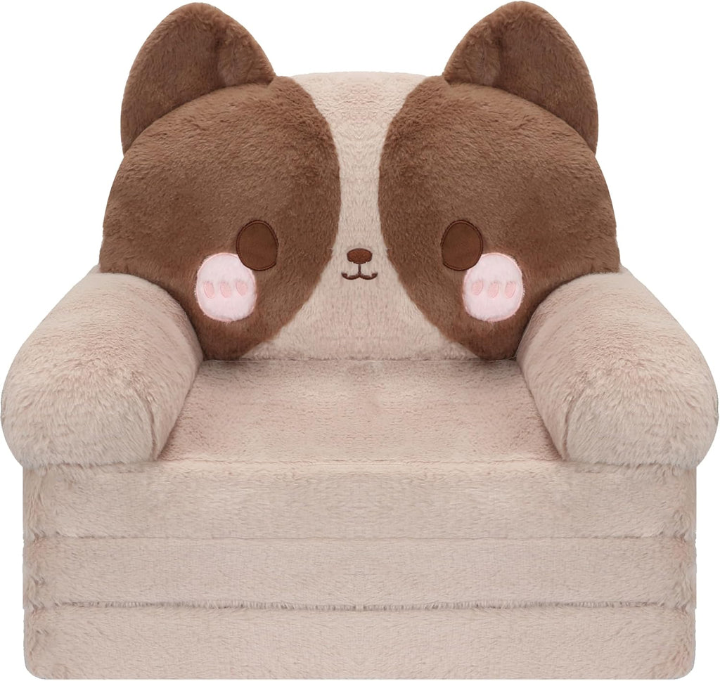 MONKISS Kids Couch, Comfy Toddler Chair, 2 in 1 Fold Out Kids Sofa, Baby Sitting Chair with Washable Cover, Toddler Furniture for Reading, TV and Playroom, Birthday Gift, 1-4 Years Old, Cute Dog