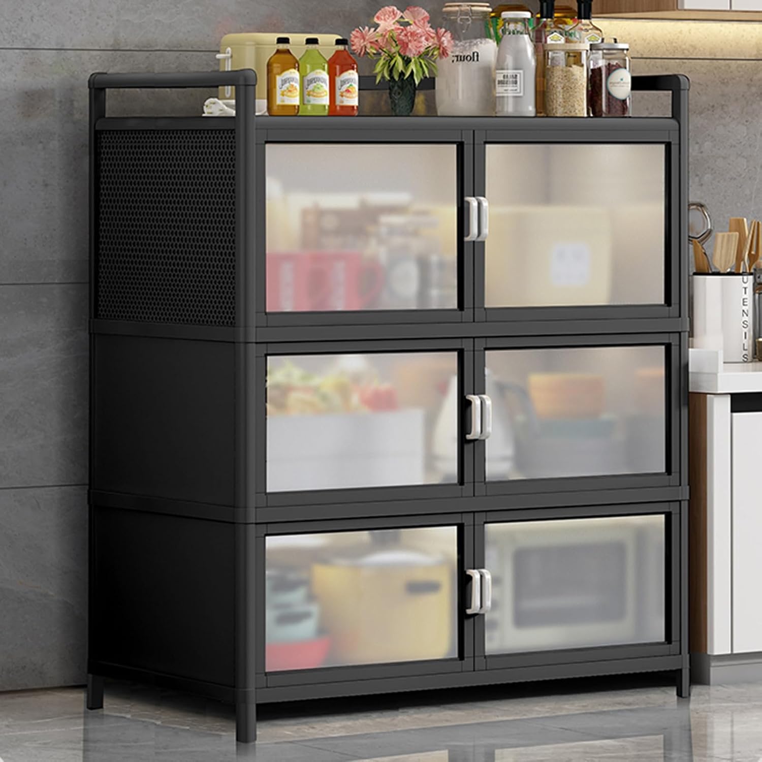 Kitchen Pantry Storage Cabinet, Bakers Rack with Storage, Freestanding Kitchen Storage Cabinet with Transparent Doors, Cupboard for Kitchen, Dining Room, Living Room and Bathroom(78*42*115cm/30.7*16.5