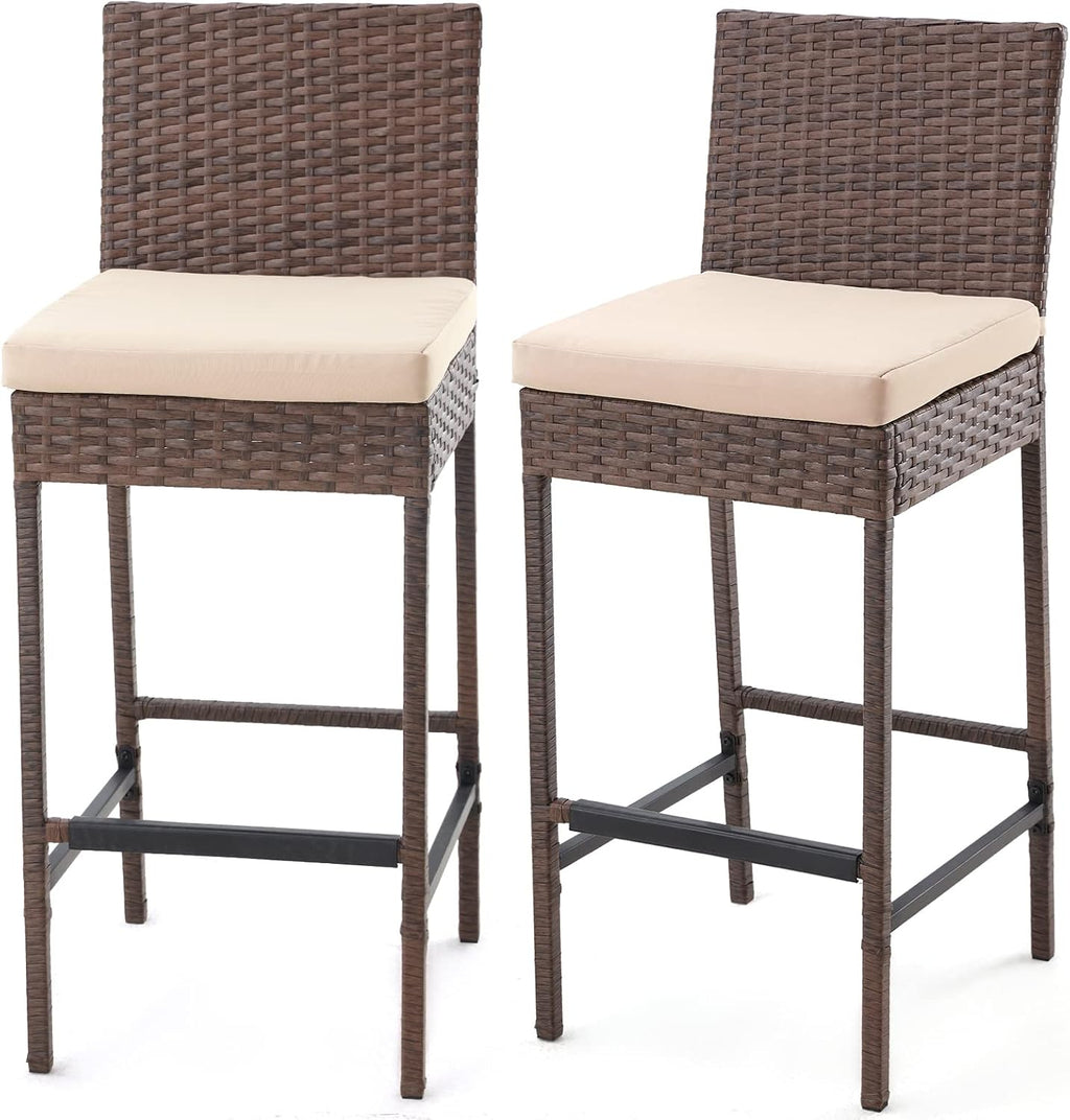 ECOTOUGE Rattan Bar Stools Set of 2, Patio Wicker Barstools with Cushions, Patio Bar Chairs Armless for Backyard, Poolside, Deck (Brown)