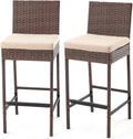 ECOTOUGE Rattan Bar Stools Set of 2, Patio Wicker Barstools with Cushions, Patio Bar Chairs Armless for Backyard, Poolside, Deck (Brown)