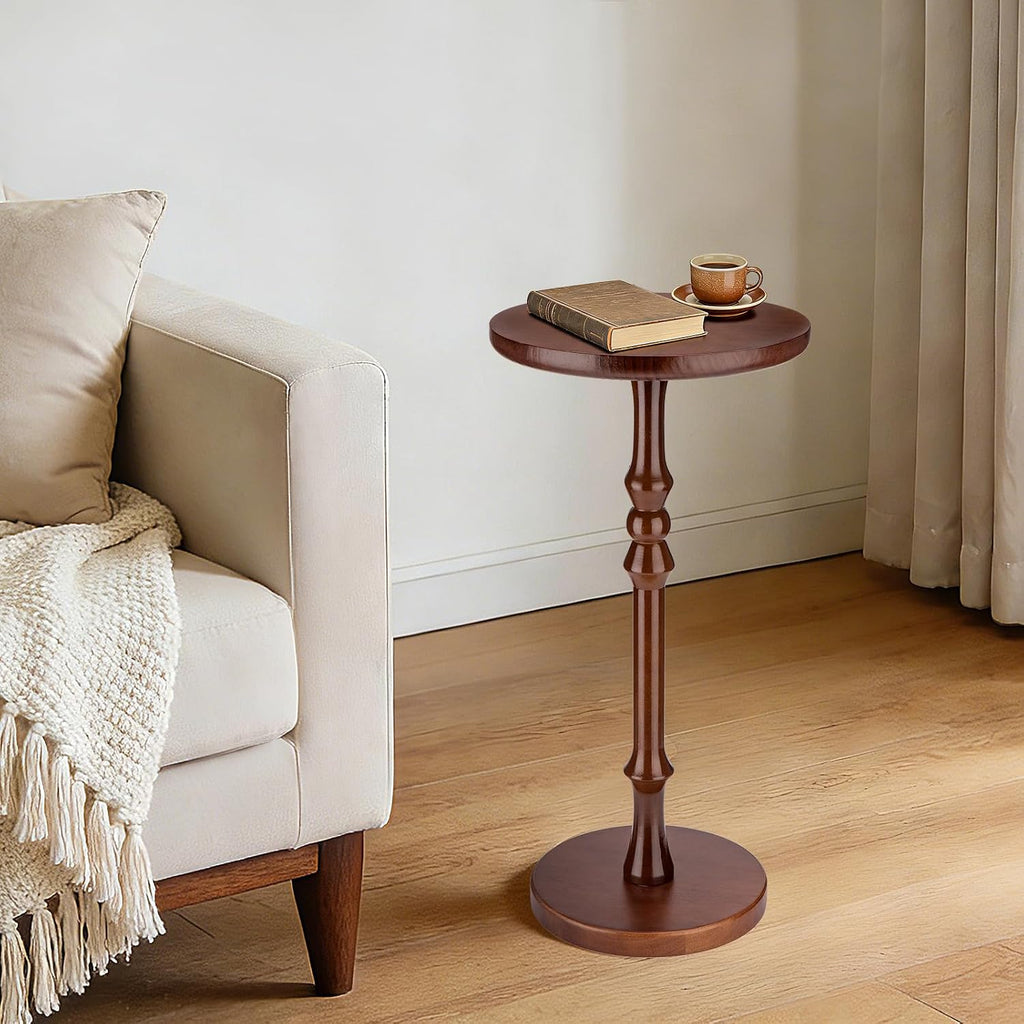 Round Side Table for Small Spaces, Drink Table with Oak Wood Pedestal Base, Modern Accent End Table or Nightstand for Living Room, Bedroom, Office, and Corners, Tool-Free Assembly, Brown