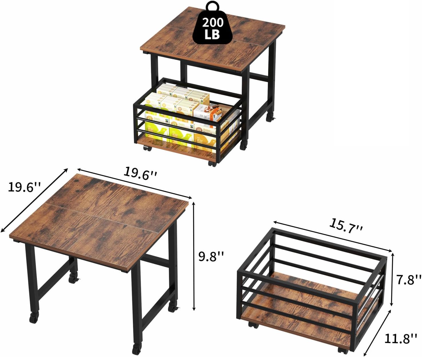 EYOCAL Mini Fridge Stand with Pull-Out Basket, 19.7" x 19.7" Large Tabletop Heavy Duty Stand with Adjustable Feet & Wheels, for Kitchen, Dorm, Office, Rustic Brown and Black