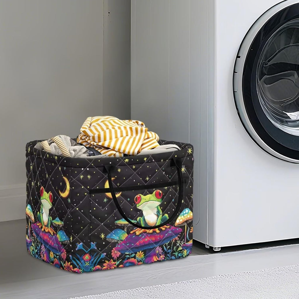 XYZCANDO Frog Mushroom Quilted Storage Basket with Handles Large Capacity Laundry Hamper Organizer Bin with Pocket for Home, Picnic, Shopping, Travel