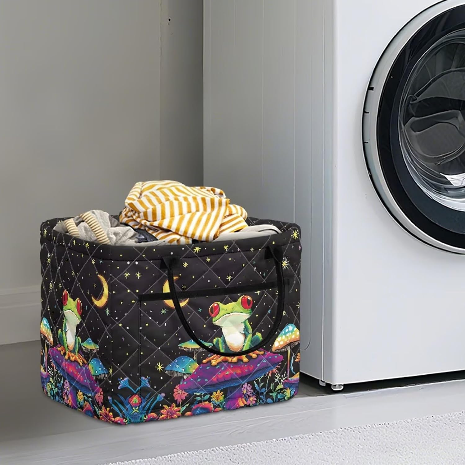 XYZCANDO Frog Mushroom Quilted Storage Basket with Handles Large Capacity Laundry Hamper Organizer Bin with Pocket for Home, Picnic, Shopping, Travel