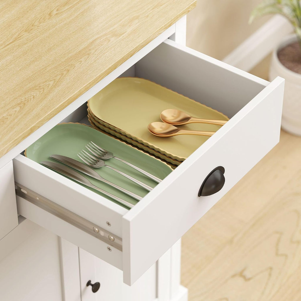 Modern Freestanding Pantry Cabinet 71in H x 39.25in W: White Finish, Warm Oak Countertop, 4-Tier Adjustable Shelves, 35.5in Surface w/Cable Hole, 176lb Capacity